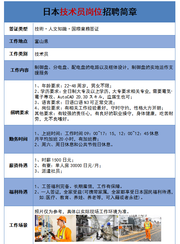 日本技术人文签证技术员岗位招聘